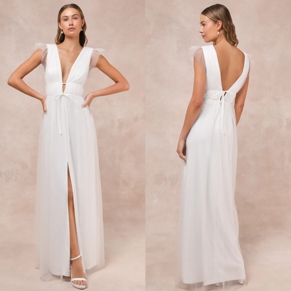 Lulus I'm All Yours White Tulle Ruffled Maxi Dress Wedding Bridal Party Prom